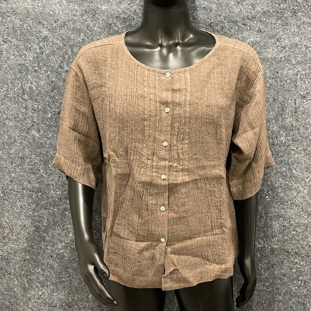 J Jill WOMENS MEDIUM Brown Button Up 1/2 Sleeve Ruffle Crumble Accent Top Shirt
